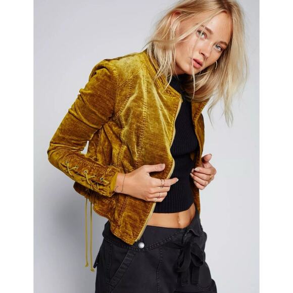 Free People Lacey Velvet Jacket Moto Lace Up Side Cuff Zip Charteruse Small Rare - Picture 1 of 15